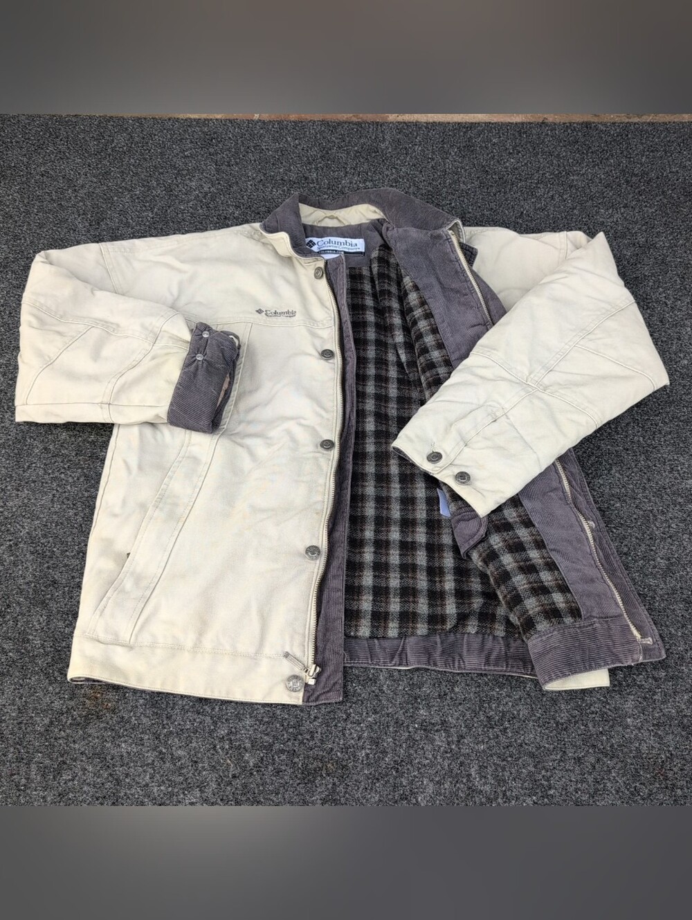 Vtg Columbia Sportswear Jacket Mens Small Beige Flannel Lined Corduroy Trim Coat